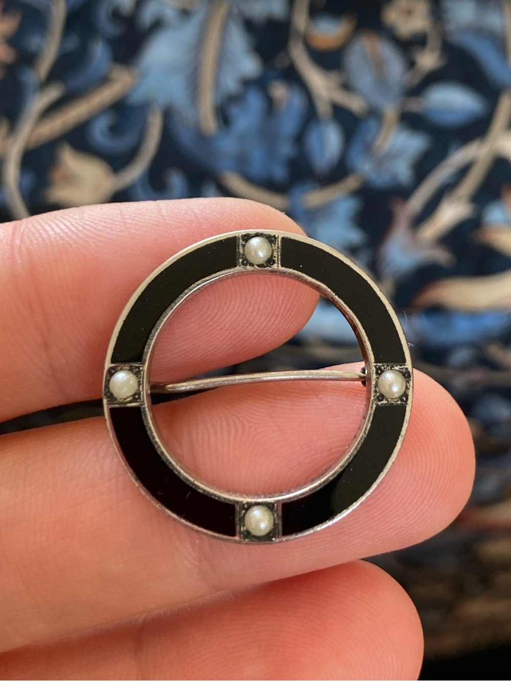 Antique Art Deco Enamel & Seed Pearl Sterling Circle Brooch